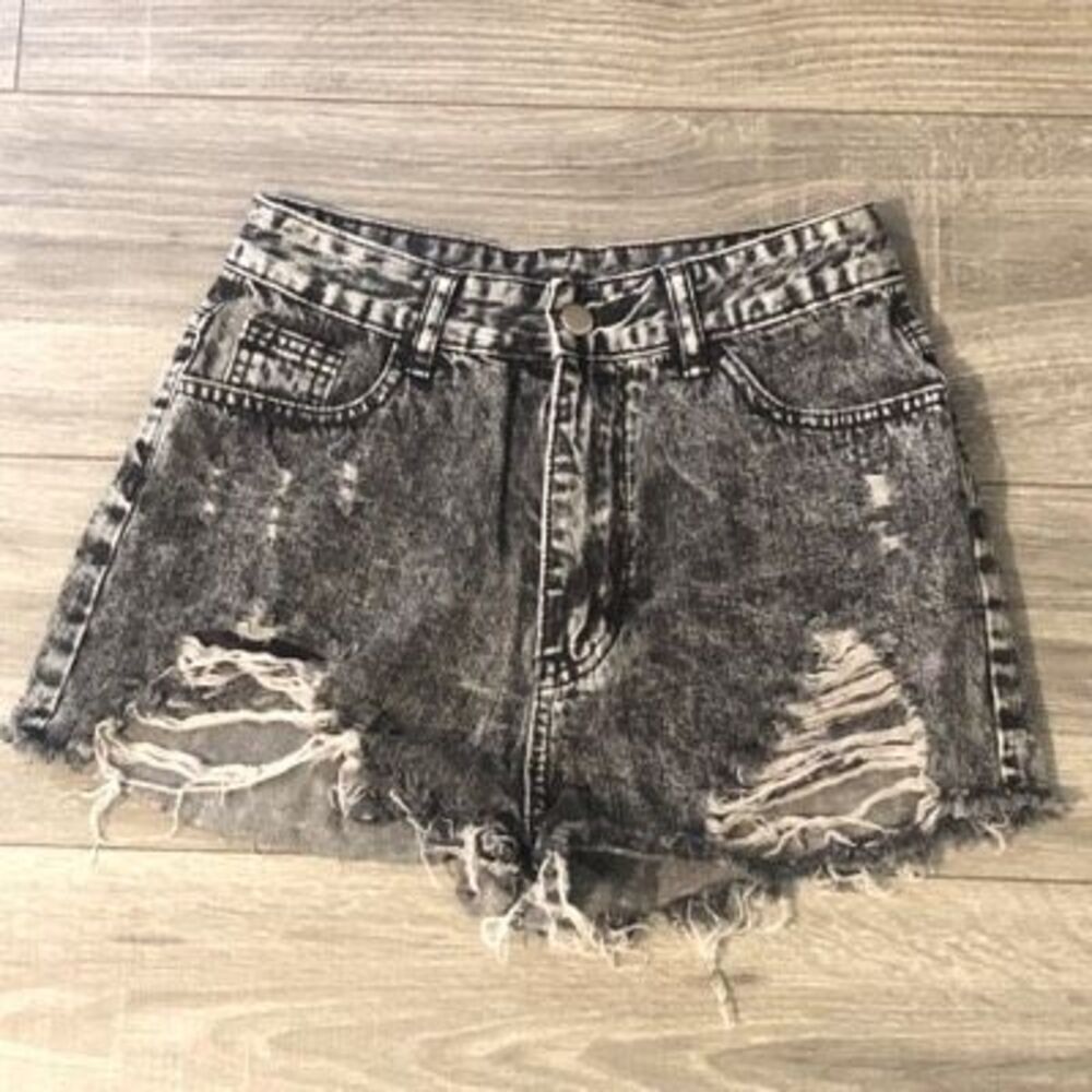 shein‎ distressed black shortie shorts high waist ripped sz m 6 cotton poly
